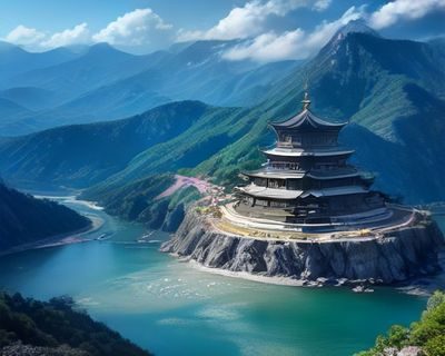 密桃视频旅行风景类短视频画面，壮阔山川与蓝天白云，航拍视角震撼宏大